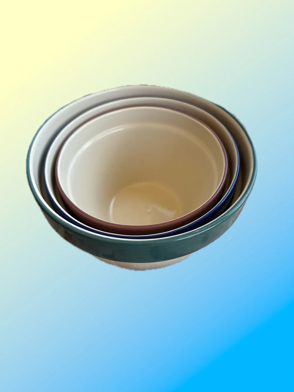 Set of 3 ‘Over and Back’ Bowls Portugal  Teal, Blue, and Mauve Rims 6,4,3 cups